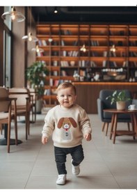 Resim Zekids Erkek Bebek Köpek Desenli Sweatshirt-16298 Krem 