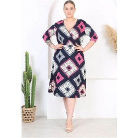 Resim Kadın Lacivert Pembe Geometrik Desen Kruvaze Yaka Esnek Bel Büyük Beden Elbise Lacivert Pembe Lacivert - Pembe 