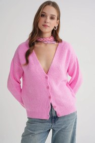 Resim Mixray 6943 Kadın V Yaka Selanik Hırka Pembe 
