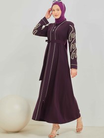Resim İnci ve Kurdele Nakışı Detaylı Biyeli Abaya Ferace Mürdüm | 206768 - 44 / Mürdüm 