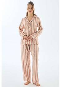 Resim Man11498-1177 Anıl Ev Giyim Anıl 11498 Kadın Viscose Çizgili Gömlek Pantolon Pijama Takımı Koyu Ten 