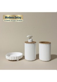 Resim 3 Parça Banyo Seti Modern Çizgili Tasarım Sıvı Sabunluk Diş Fırçalık Katı Sabunluk Beyaz 