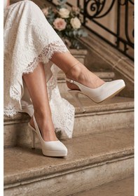 Resim Erkan Saçmacı Scarlett Slingback İnci Beyazı Vegan Sivri Burun Arkası Açık İnce Platform Topuklu Gelin Ayakkabısı Sedef 