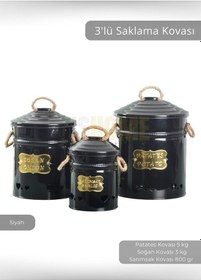 Resim 3'lü Set Sebzelik Metal Patates Soğan Sepeti Sarımsak Kovası Şık Organizer Siyah Siyah 