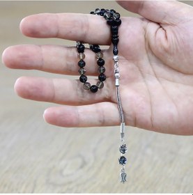 Resim Tesbihname Ateş Kehribar Tesbih - 925 Ayar Gümüş Püsküllü - Bilek Boy - Siyah Beyaz Renk - Küre Kesim Çok Renkli 