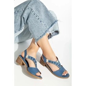 Resim Kadın Analin Shoes Taşlı Sandalet 2690 Deri Lastikli Orta Topuk Yaz Stili ile Rahatlık 