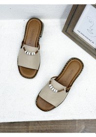 Resim 25y048 Taş Detaylı Hakiki Deri 3cm Kalın Topuklu Terlik Kadın Bej 