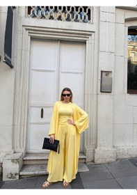 Resim Bonacosa Kadın Viskon 3 Lü Takım Kimono + Beli Lastikli Salaş Pantolon + Kısa Kol Tshirt 8 Renk Sarı 