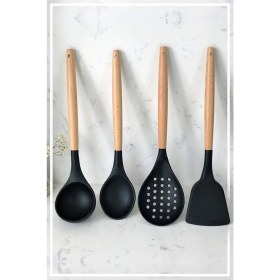 Resim 4'lü Bambu Saplı Siyah Silikon Mutfak Seti: Kaşık, Kepçe, Kevgir, Spatula 