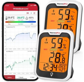 Resim ThermoPro TP358-2X Telefon Kontrollü, Saatli İç Mekan Sıcaklık ve Nem Ölçer Termometre 2 Adet 