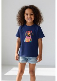 Resim Monila Kız Çocuk Köpek Baskılı Pamuklu Bisiklet Yaka T-shirt Lacivert 