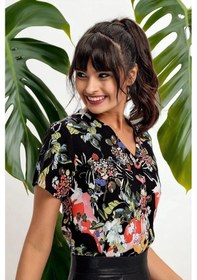 Resim Kadın Siyah Çiçek Desenli, Kısa Kol Gömlek Düz Kesim, Standart Boy Siyah 