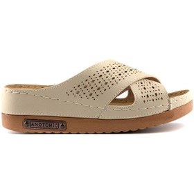 Resim Kadın Ortopedik Yumuşak Tabanlı Terletmeyen Çift Bantlı Hasır Tipi Delikli Rahat Anne Ev İçi Terliği Bej 