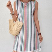 Resim Kadınlar için Polyester Spandex Tunik Elbise, Yuvarlak Yaka, Çizgili Desen, Kolsuz, Püskül Detaylı, İlkbahar/Yaz/Sonbahar - Tatil Stili Dokuma Tunik Elbise 