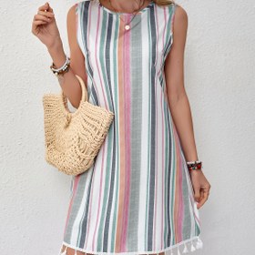 Resim Kadınlar için Polyester Spandex Tunik Elbise, Yuvarlak Yaka, Çizgili Desen, Kolsuz, Püskül Detaylı, İlkbahar/Yaz/Sonbahar - Tatil Stili Dokuma Tunik Elbise 