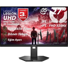 Resim Lenovo Legion 27u-10 27" 0.5 Ms Mprt Uhd:160hz, Fhd:320hz 2xhdmı-dp G-sync, Amd Freesync Premium Uhd 3840 X 2160 Pivot Ips Panel Wled Monitör 67d1gac1tk 