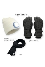 Resim Mustran İçi Polarlı Motosiklet Kar Kayak Eldiveni +Bere+ Atkı 3lü Kışlık Set LED Kafa Bandı Hediyeli 