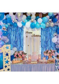 Resim Himarry Mavi Renk Ekstra Metalize Parlak Saçaklı Arka Fon Perde İthal A Kalite 1x2 Metre 