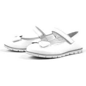 Resim Hakiki Deri Beyaz Fiyonklu Cırtlı Kız Çocuk Babet Beyaz 