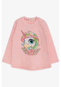 Resim Breeze Kız Çocuk Uzun Kollu Tişört Unicorn Baskılı 1.5-5 Yaş, Somon Melanj Somon 