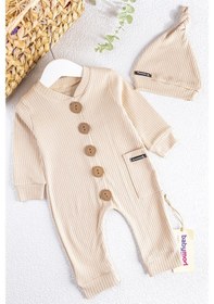 Resim Babymod Natural Düğmeli Şapkalı Kız/Erkek Bebek Tulum Takım 