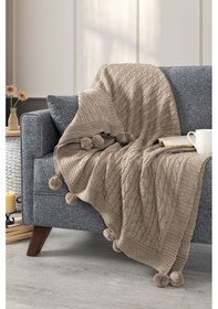 Resim Ponponlu Triko Örme Tv Battaniyesi Koltuk & Omuz Şalı & Diz Battaniyesi 130x170cm - Bej Bej 