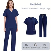 Resim Yüksek Kaliteli Dört Yönlü Esnek V Yaka Düz Renk Kısa Kollu Düz Bacaklı Pantolon Takımı Hastane İşleri, Hemşire Üniformaları, Scrubs ve Cerrahi Giysileri için Tüm Mevsimler için Uygun. 