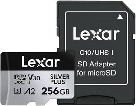 Resim Lexar 256 GB Profesyonel Silver Plus microSDXC Hafıza Kartı w/SD Adaptör, UHS-I, C10, U3, V30, Full-HD ve 4K Video, 205/150 MB/s'ye kadar Okuma/Yazma, Videografçılar, Oyuncular (LMSSIPL256G-BNANU) 