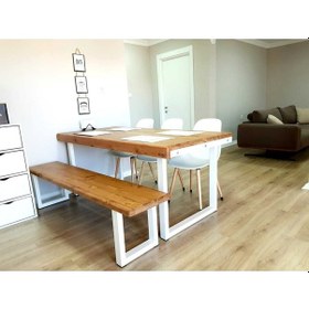 Resim Doğal Ahşap Yemek Masası-6 Kişilik -70-140-76 Cm Beyaz Metal Ayak 