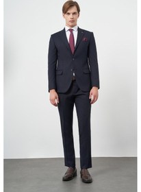 Resim İmza Koyu Lacivert Armürlü Mono Yaka Tam Astar Esnek 6 Drop Slim Fit Classic Takım Elbise 1001245175 Koyu Lacivert 