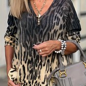 Resim Kadınlar için Hafif V-Yaka Kazak - Her Yerde Leopar & Çiçek Desenli, Bahar/Sonbahar için Rahat Uzun Kollu Üst, Siyah & Bej, Sevimli Kazak, İnce Kumaş 