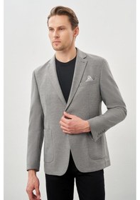 Resim İmza Gri Kendinden Çizgili Desen Flannel Mono Yaka 2 Düğme Esnek 6 Drop Slim Fit Casual Ceket 1002245167 100 Gri 