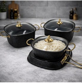 Resim Armoni Gold Döküm Granit 7 Parça Kare Tencere Seti Yanmaz Yapışmaz Şık Granit Tencere Takımı-371 Metalik 