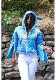 Resim Keyifli Moda Kadın Mavi Desenli Kapüşonlu Kolları Fermuarlı Kısa Şişme Mont - S-m Mavi 