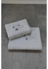 Resim 2'li Nakışlı Bambu Banyo Havlu Seti-tivoli Lisette Gri 
