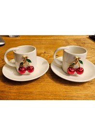 Resim Kiraz Kabartmalı Beyaz Kahve Fincanı 