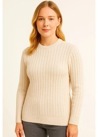 Resim Tua Moda Bisiklet Yuvarlak Yaka Triko Kazak Pamuklu Kalın Fitilli Dokuma, Regular Fit Uzun Kollu Kışlık Model - Bej Bej 