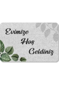 Resim Yeşil Yaprak Hoş Geldiniz Dekoratif Kapı Önü Paspası Gri 