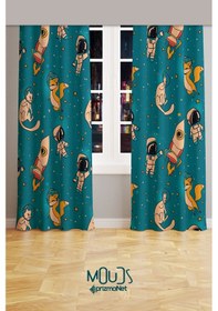 Resim Uzay Tilki Kedi Desenli Fon Perde Çocuk Ve Bebek Odası Süet Baskılı Ekstrafor Büzgü 2 Kanat Prd-53 Çok Renkli 