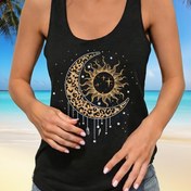 Resim Kadınlar İçin Kolsuz Yuvarlak Yaka Yelek - Altın Güneş, Ay ve Leopar Desenli Siyah - Esnek Bluz Plaj, Parti, Günlük Giyim için - Makinede Yıkanabilir Polyester/Spandex Karışımı, Moda Trendi, Rahat Kesim, Yazlık Gardırop 