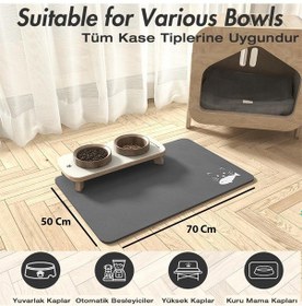 Resim MatGo Pati Balık Figürlü Su Geçirmez Kaymaz Gri Kedi Köpek Mama Paspası 50 x 70 CM 
