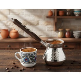 Resim İşlemeli Ahşap Saplı 450ml El Yapımı Dekoratif Kalın Bakır Cezve 10cmx10,5m 