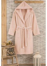 Resim Unisex %100 Pamuklu Kapüşon'lu Bornoz Toz Pembe 