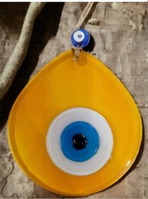 Resim Mavi Nazar Boncuklu Şeffaf Bal Renk Nazar Boncuklu Damla Desen El 