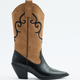 Resim LUTVELIZADE Çizme 2524 - İşlemeli Süet Kovboy Siyah Taba Süet Kadın Çizme 
