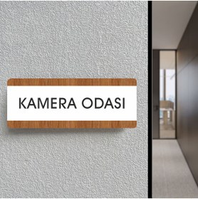 Resim zafrakreklam KAMERA ODASI Ofis Departman Kapı İsimliği, Yönlendirme levhası 26X10Cm BEYAZ-CEVİZ 