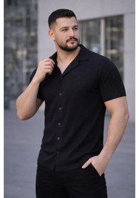 Resim Uslucan Alışveriş Erkek Waffle Kumaş Kısa Kollu Düğmeli Açık Yaka Regular Fit Gömlek - Siyah Siyah 