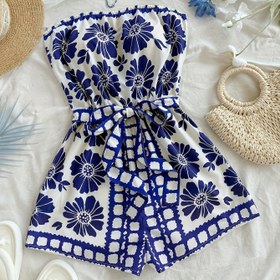 Resim Şık Tatil Hazır Çiçek Baskılı Spagetti Askılı Tulum Ayarlanabilir Bel Bağı ile - Kadınlar için Hafif Yazlık Plaj Giyimi, Tatil Plaj Giyimi | Plaj Örtüsü | Karmaşık Çiçek Tasarımı 