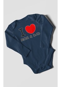 Resim I Love Mom And Dad Baskılı Bebek Zıbını Çıtçıtlı Body %100 Pamuk Uzun Kol Lacivert 