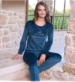 Resim Pijamoni Kadın Kışlık Bisiklet Yaka Likralı Soft Kadife Pijama Takımı 4200/14 - 1 Adet 001 